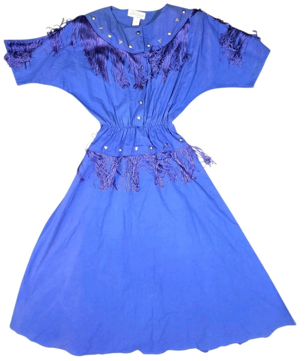 Vintage Lilia Smitty Western Dress Fringe Metallic Studded Blue Women 11/12 Maxi